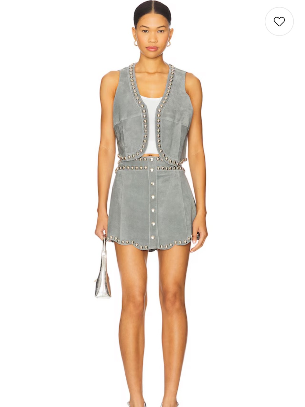 Understated Leather Gray Suede Stud-Trim Mini Skirt Set with Matching Vest